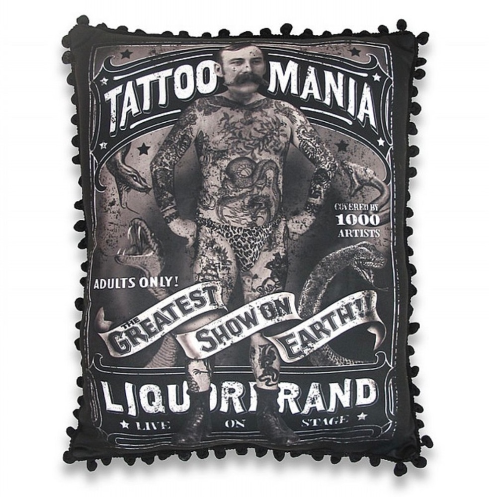 NWT Liquor Brand Tattoo Mania Black/White Decor Pillow. Circus Freak 16” x13”